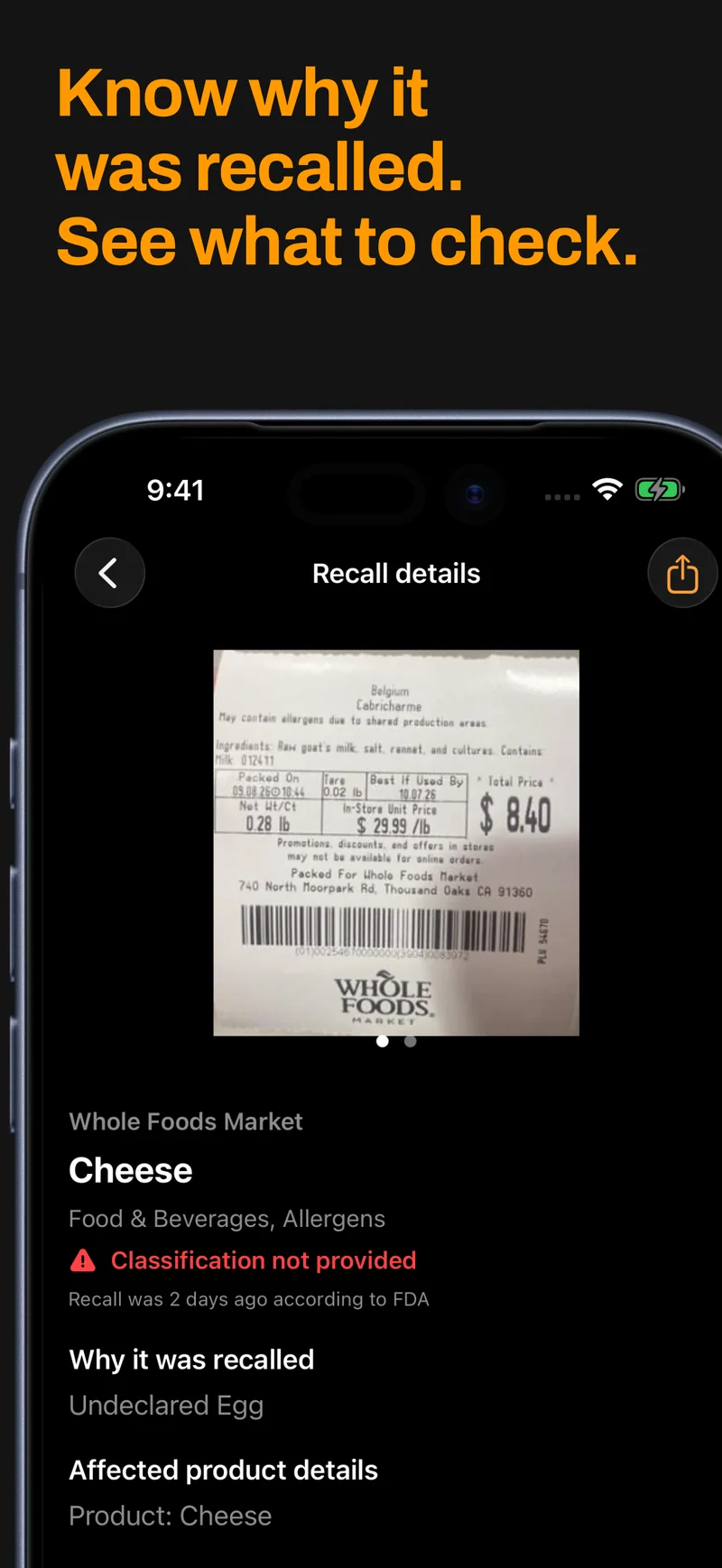 A close-up of RecallRelay’s recall details, showing a product label and the reason for recall.
